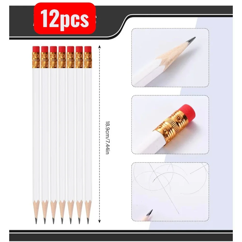 60 Pieces White Wood Pencil with Gold Ferrule and Red Eraser